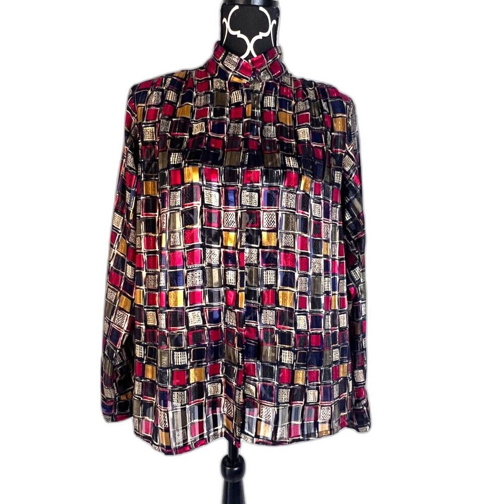 Yves St Clair Bold Maximal Square Print Mock‎ Neck Long Sleeve Blouse Size 12